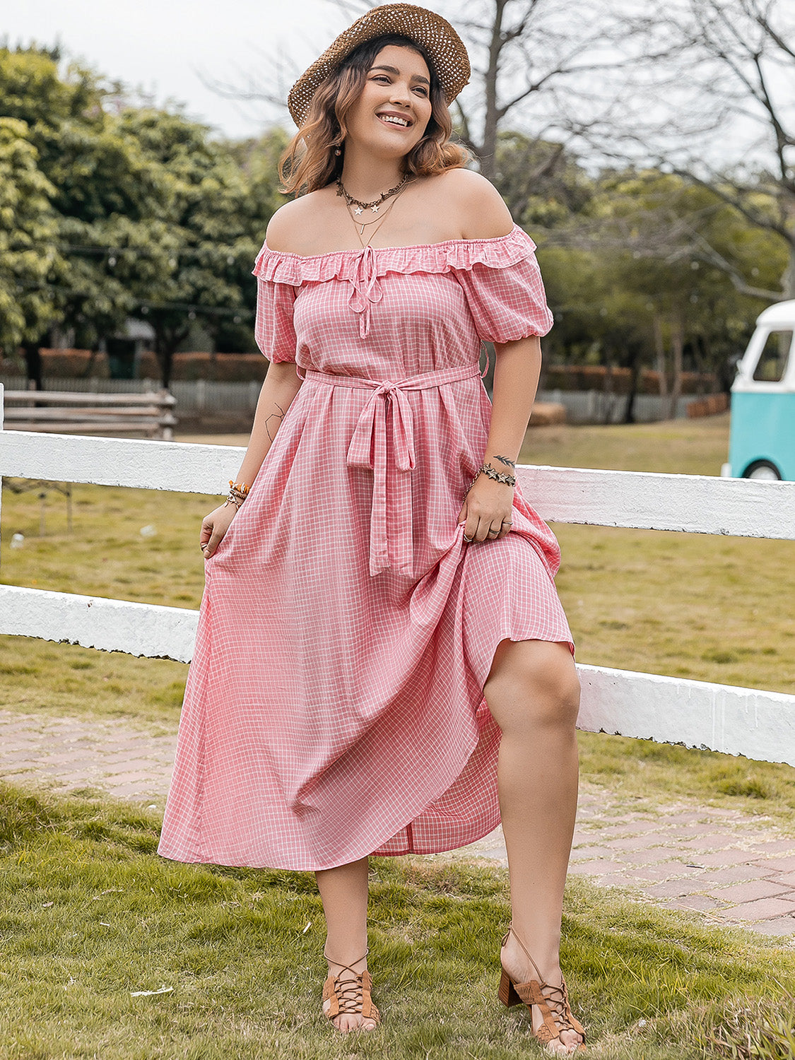 Plus Size Plaid Off-Shoulder Short Sleeve Midi Dress-Angel Casuals