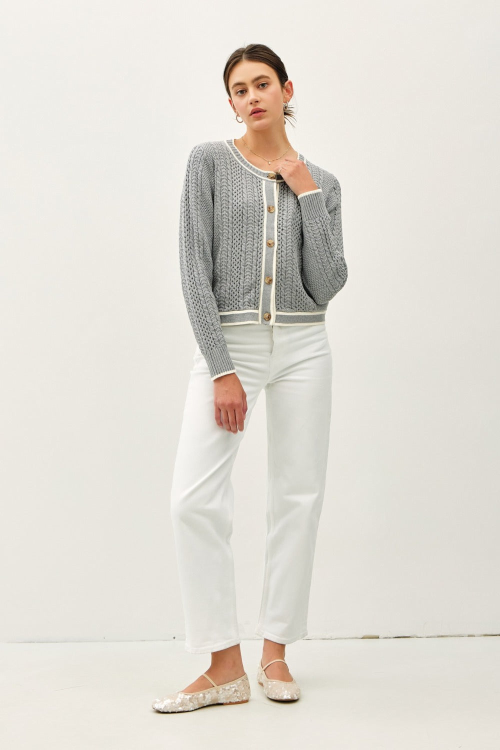 Be Cool Cable Knit Long Sleeve Contrast Edge Cardigan-Angel Casuals