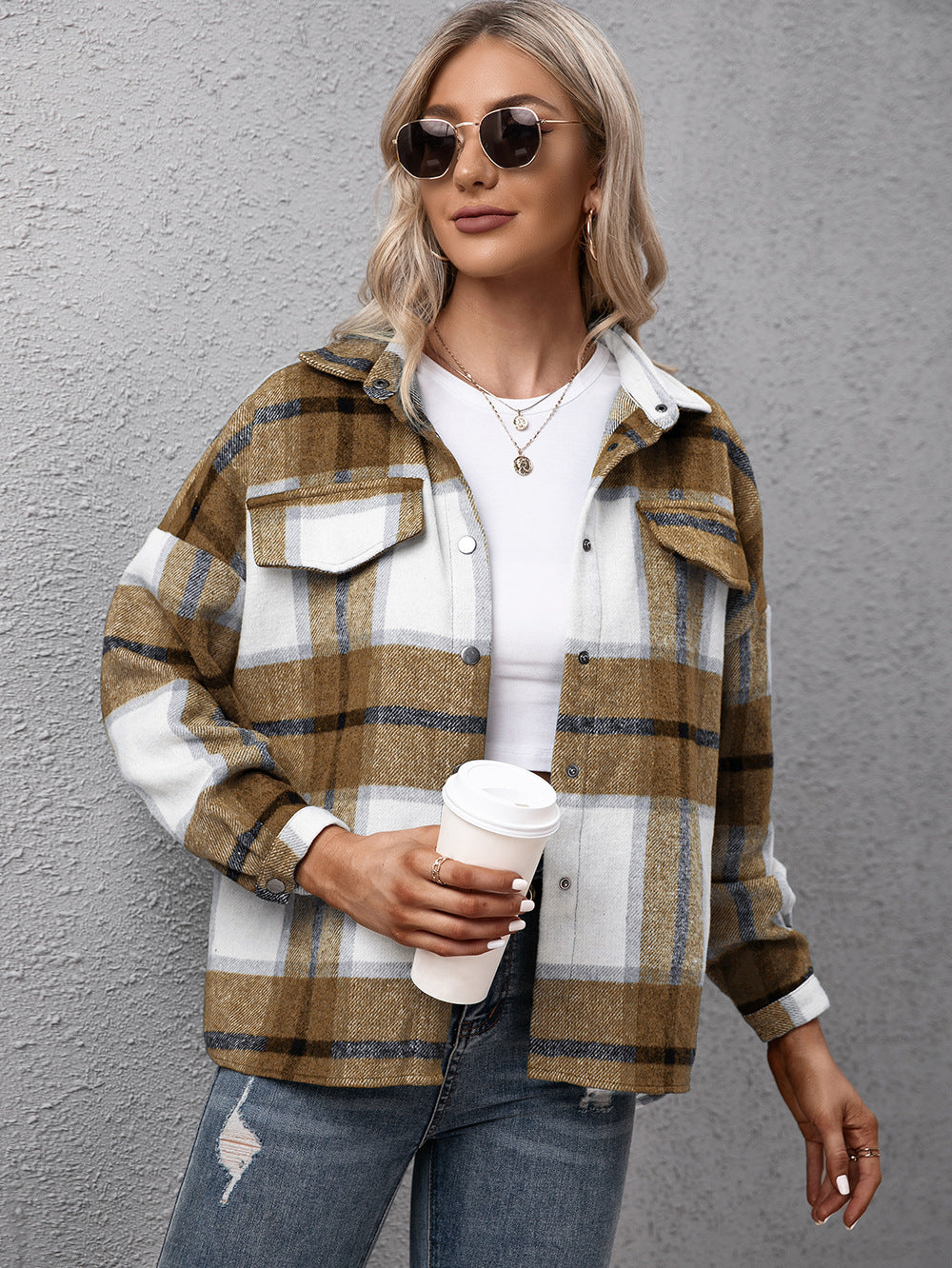 Plaid Long Sleeve Shirt Jacket-Angel Casuals