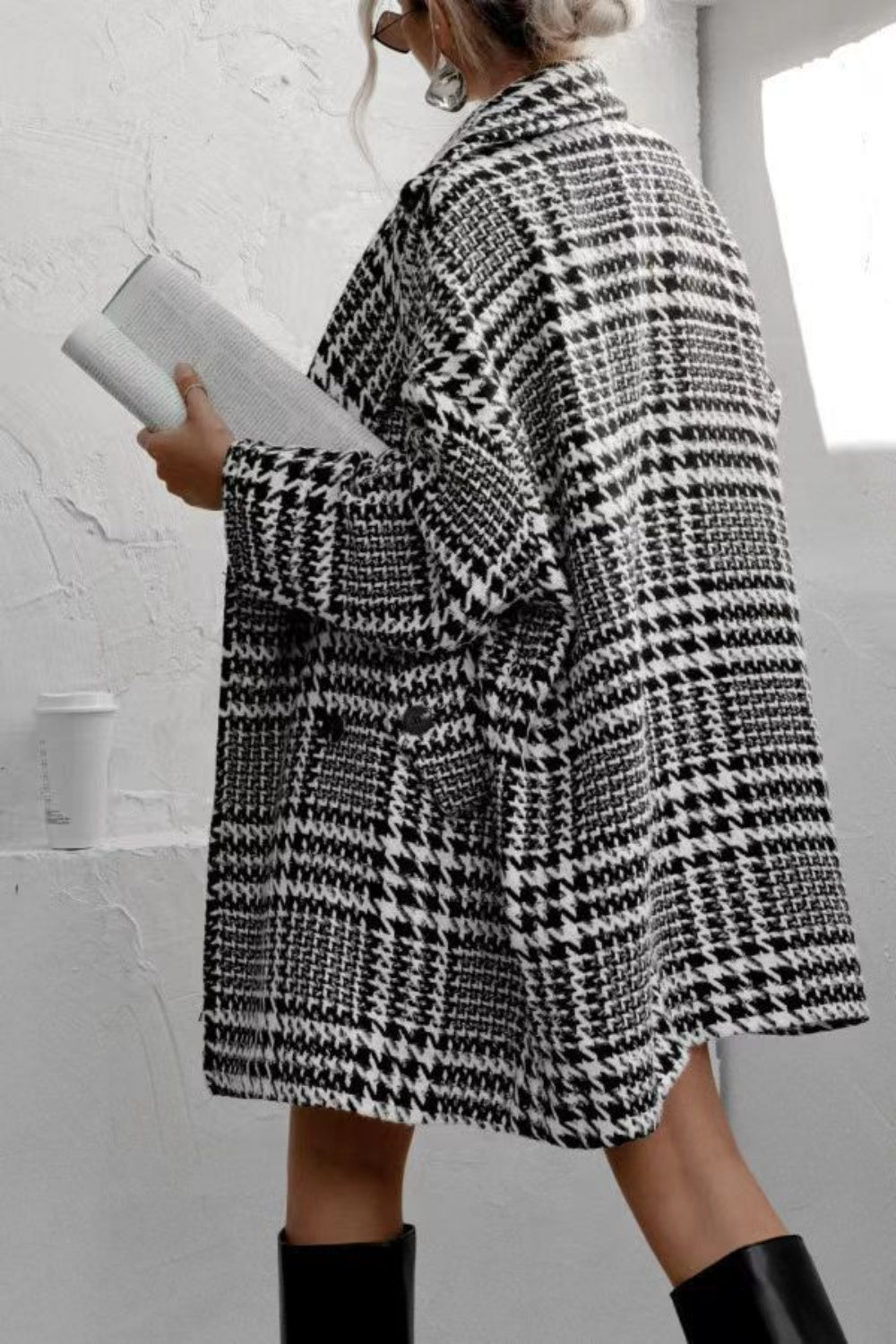 Houndstooth Collared Neck Long Sleeve Coat with Pockets-Angel Casuals