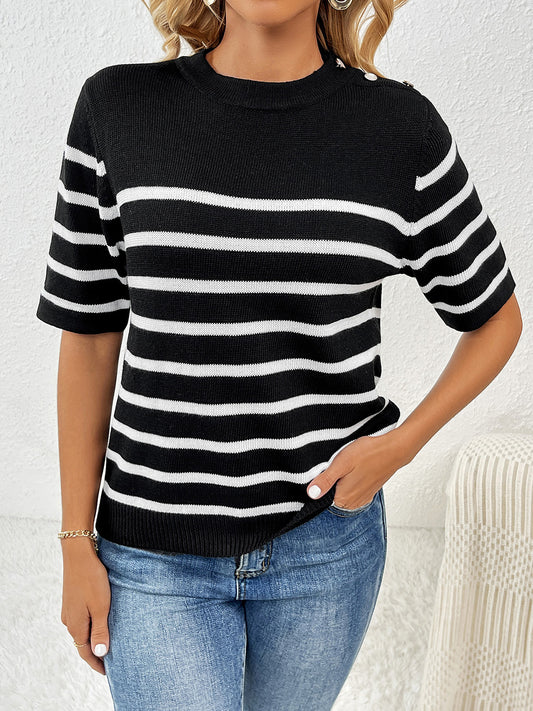 Striped Round Neck Half Sleeve Knit Top-Angel Casuals