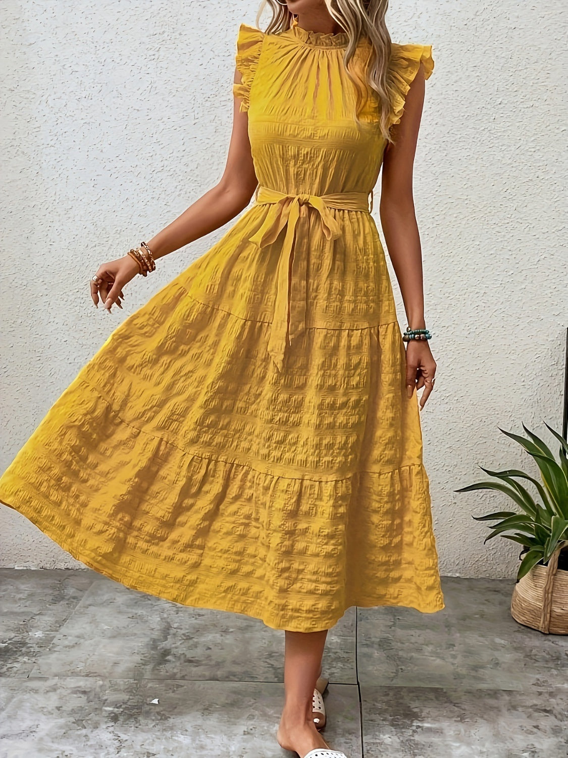 Tied Ruffled Cap Sleeve Midi Dress-Angel Casuals