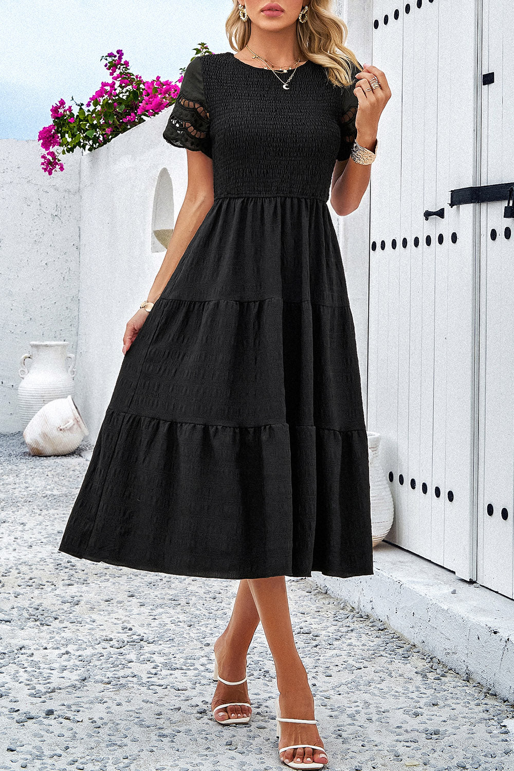 Smocked Round Neck Short Sleeve Midi Dress-Angel Casuals