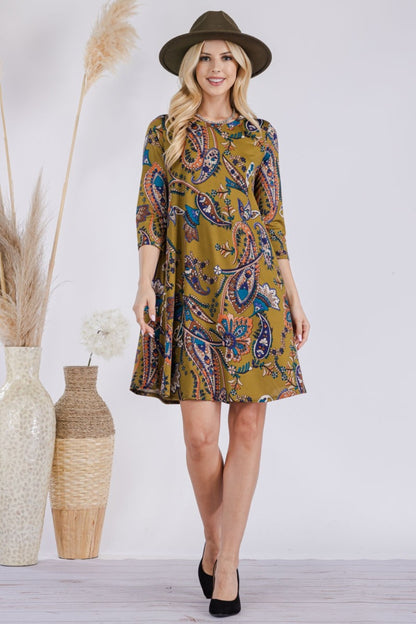 Celeste Full Size Paisley Print Round Neck Dress with Pockets-Angel Casuals