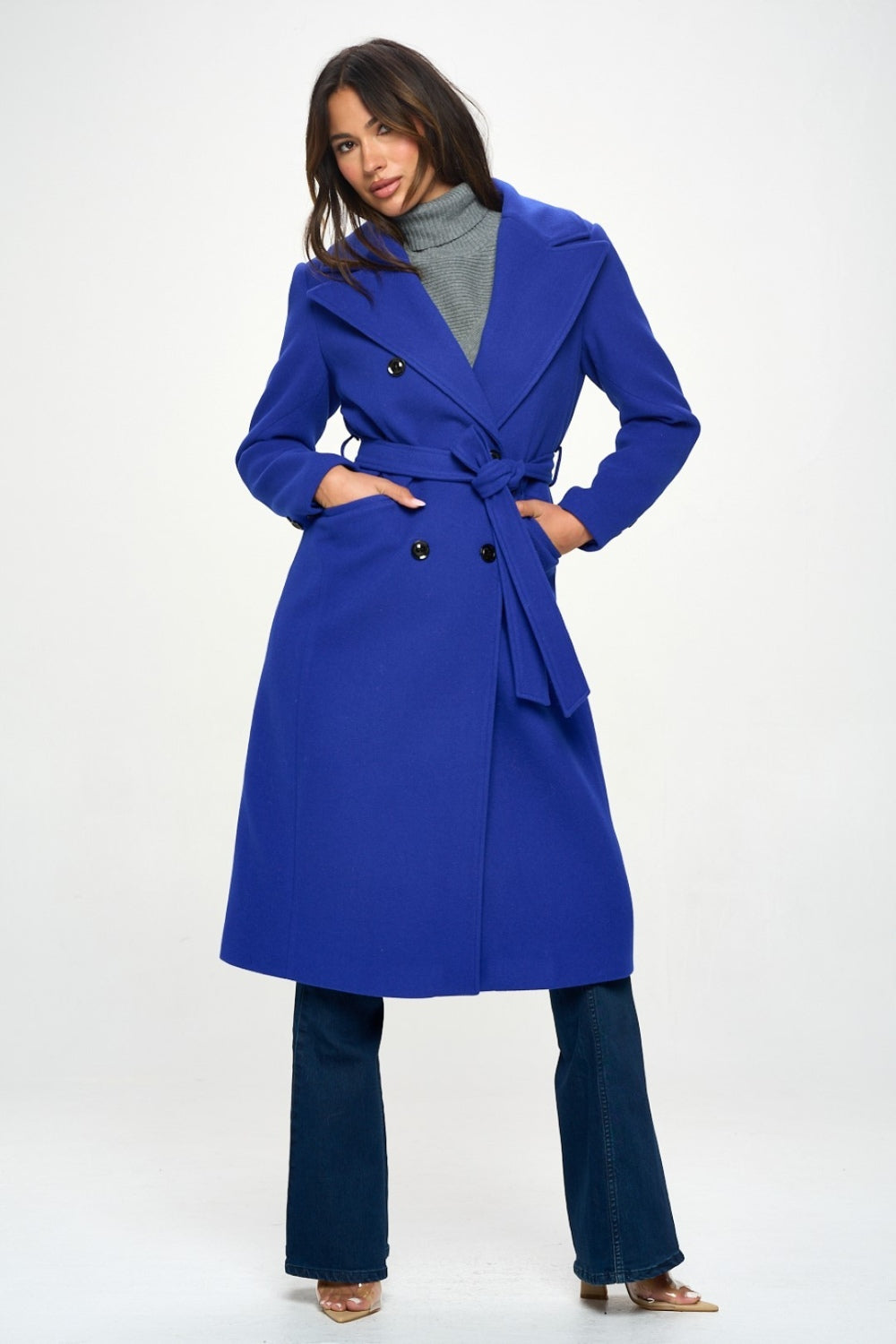 Coalition LA Double-Breasted Longline Coat with Belt-Angel Casuals