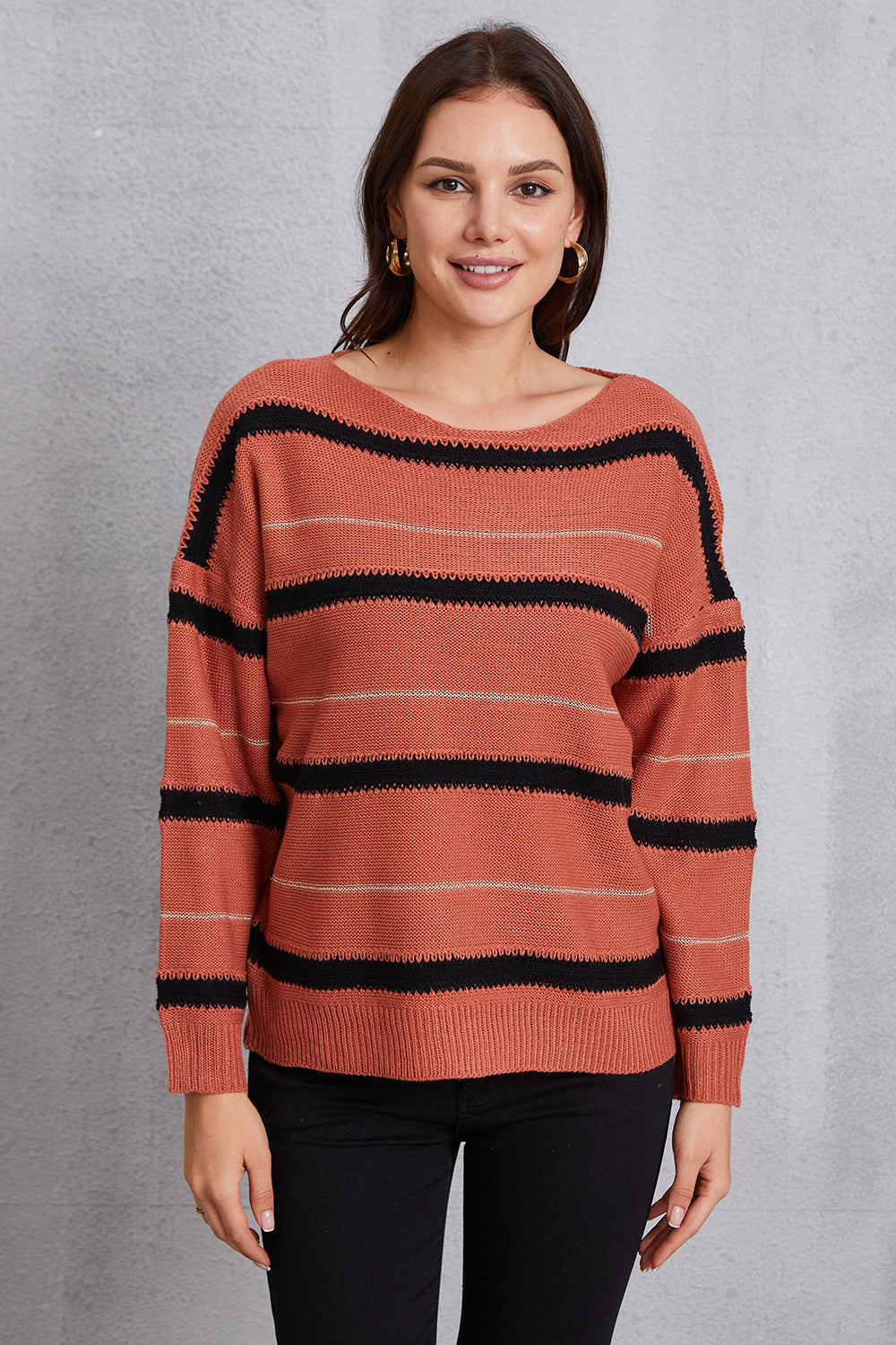 Striped Round Neck Dropped Shoulder Sweater-Angel Casuals