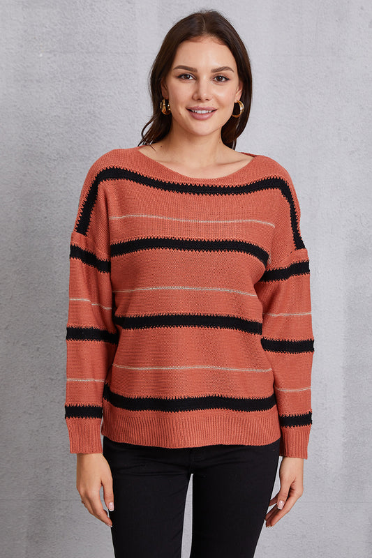 Striped Round Neck Dropped Shoulder Sweater-Angel Casuals
