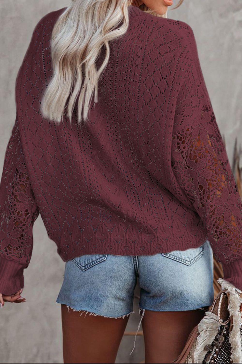 Openwork Lantern Sleeve Dropped Shoulder Sweater-Angel Casuals