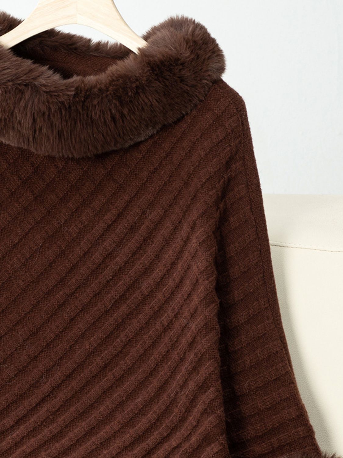 Fuzzy Trim Texture Three-Quarter Sleeve Poncho-Angel Casuals