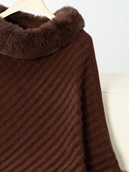 Fuzzy Trim Texture Three-Quarter Sleeve Poncho-Angel Casuals