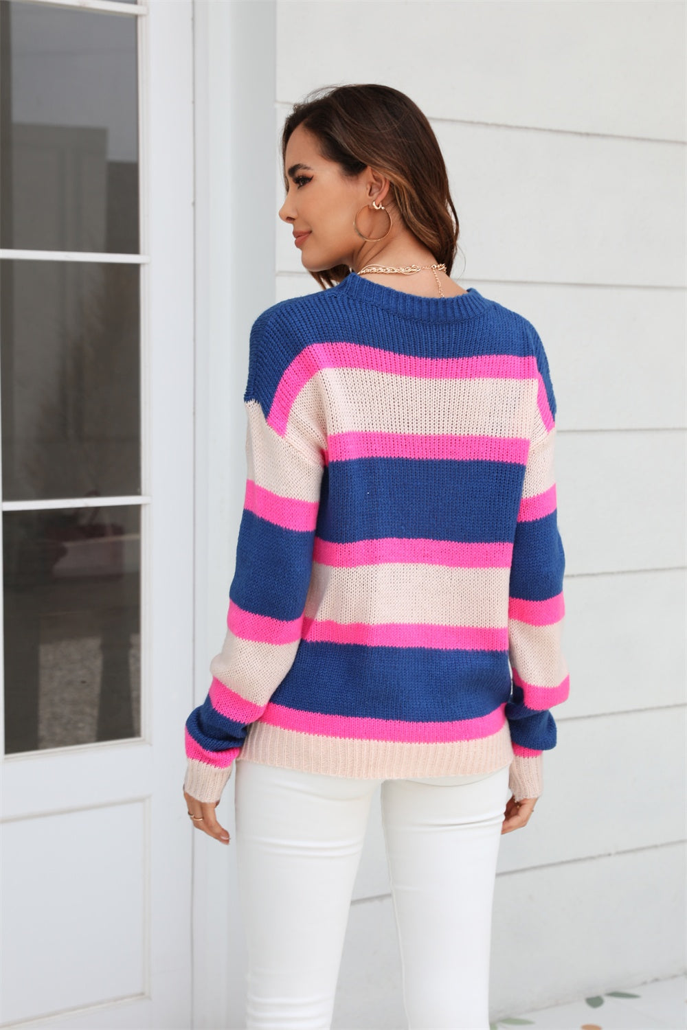 Angel Wings Color Block Round Neck Dropped Shoulder Sweater-Angel Casuals