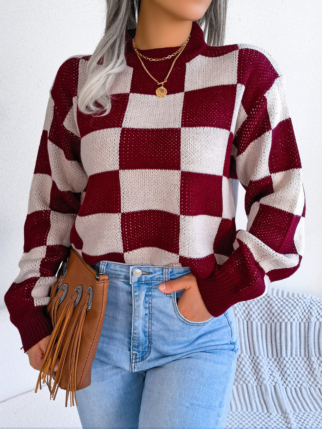 Checkered Mock Neck Long Sleeve Sweater-Angel Casuals