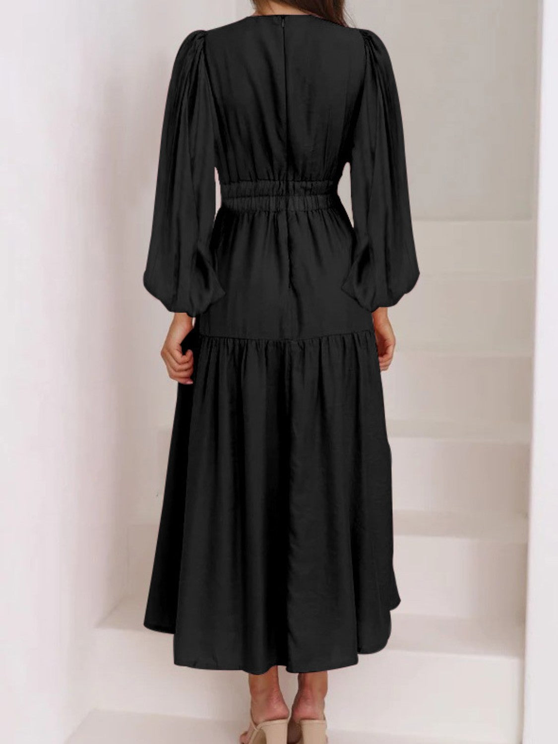 Deep V-Neck Balloon Sleeve Plain Maxi Dress-Angel Casuals