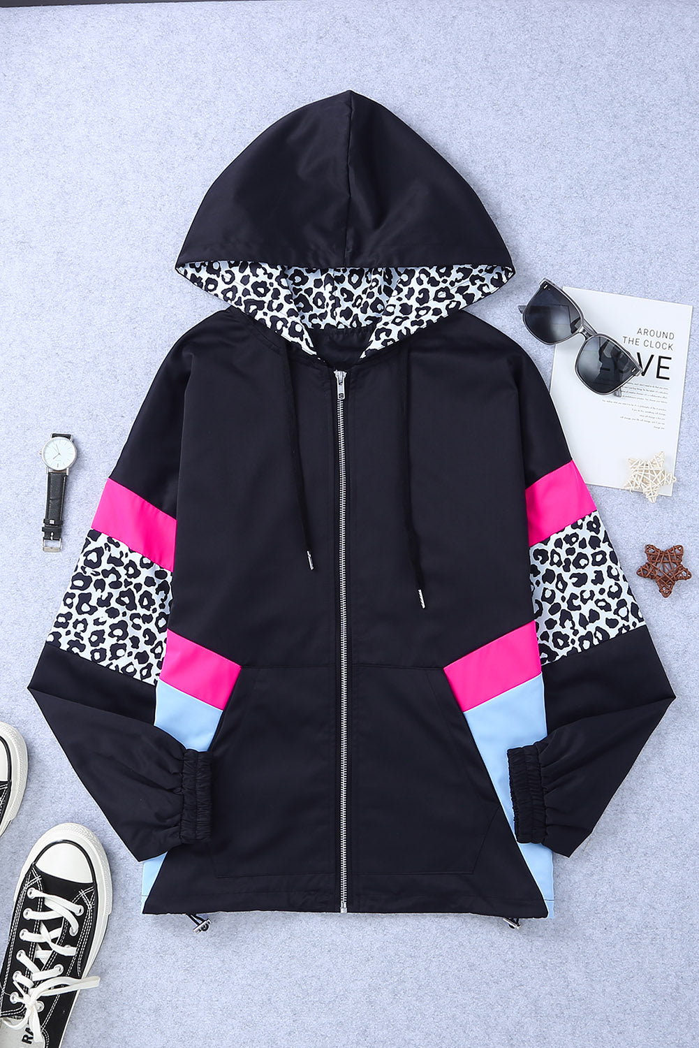 Double Take Leopard Color Block Zip-Up Hooded Jacket-Angel Casuals