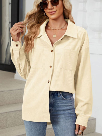 Button Up Dropped Shoulder Long Sleeve Outerwear-Angel Casuals