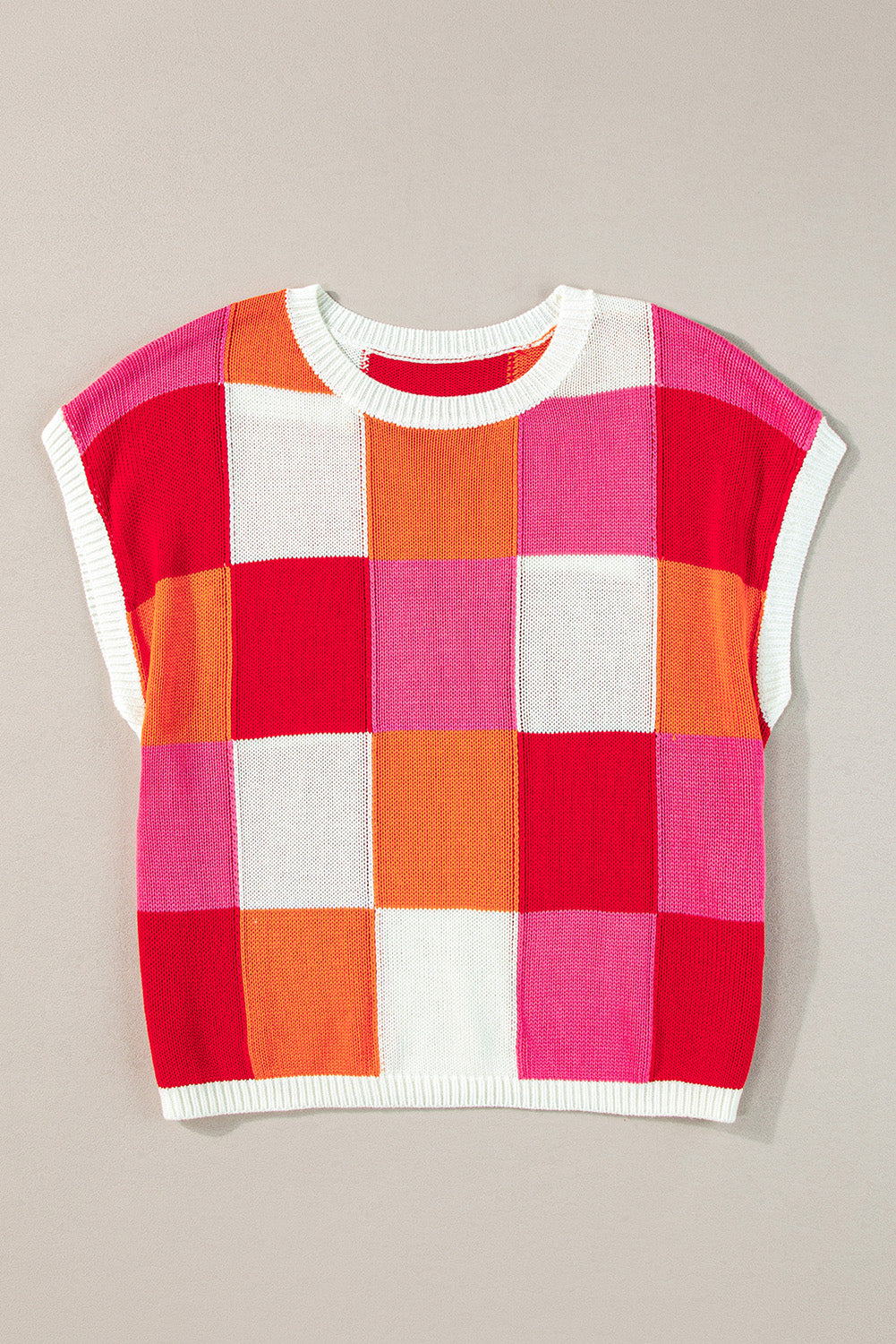 Contrast Plaid Round Neck Cap Sleeve Sweater-Angel Casuals