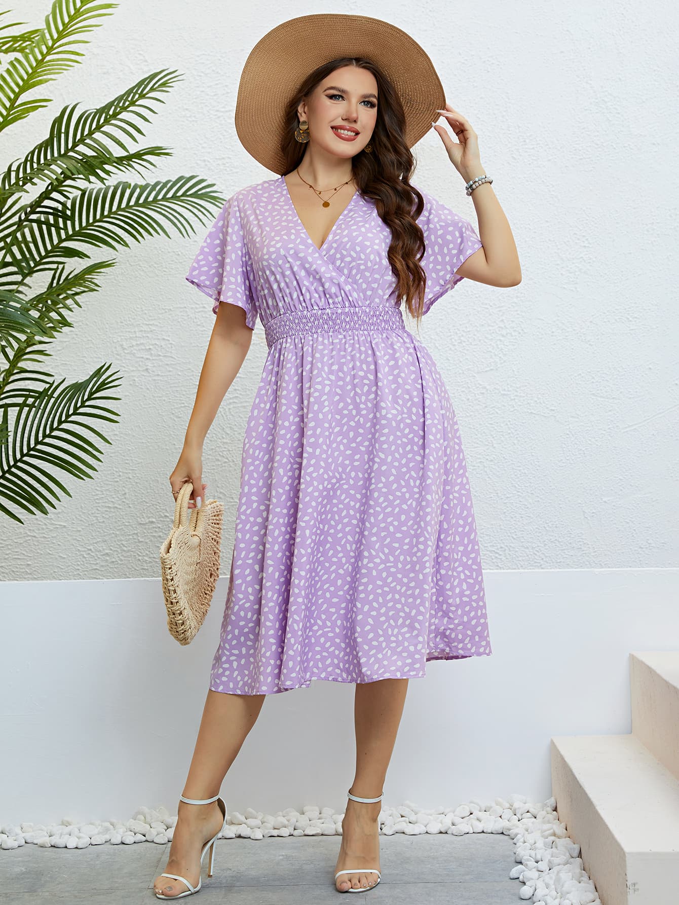 Plus Size Printed Smocked Waist Surplice Dress-Angel Casuals