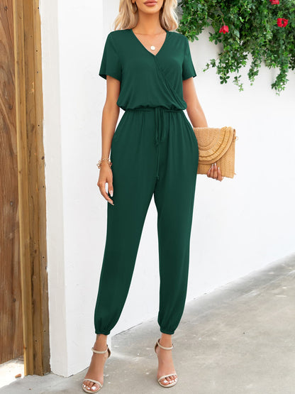 Short Sleeve V-Neck Jumpsuit with Pockets-Angel Casuals