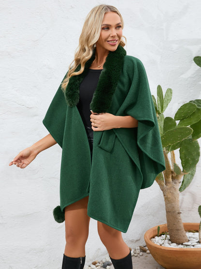 Fuzzy Trim Open Front Poncho-Angel Casuals