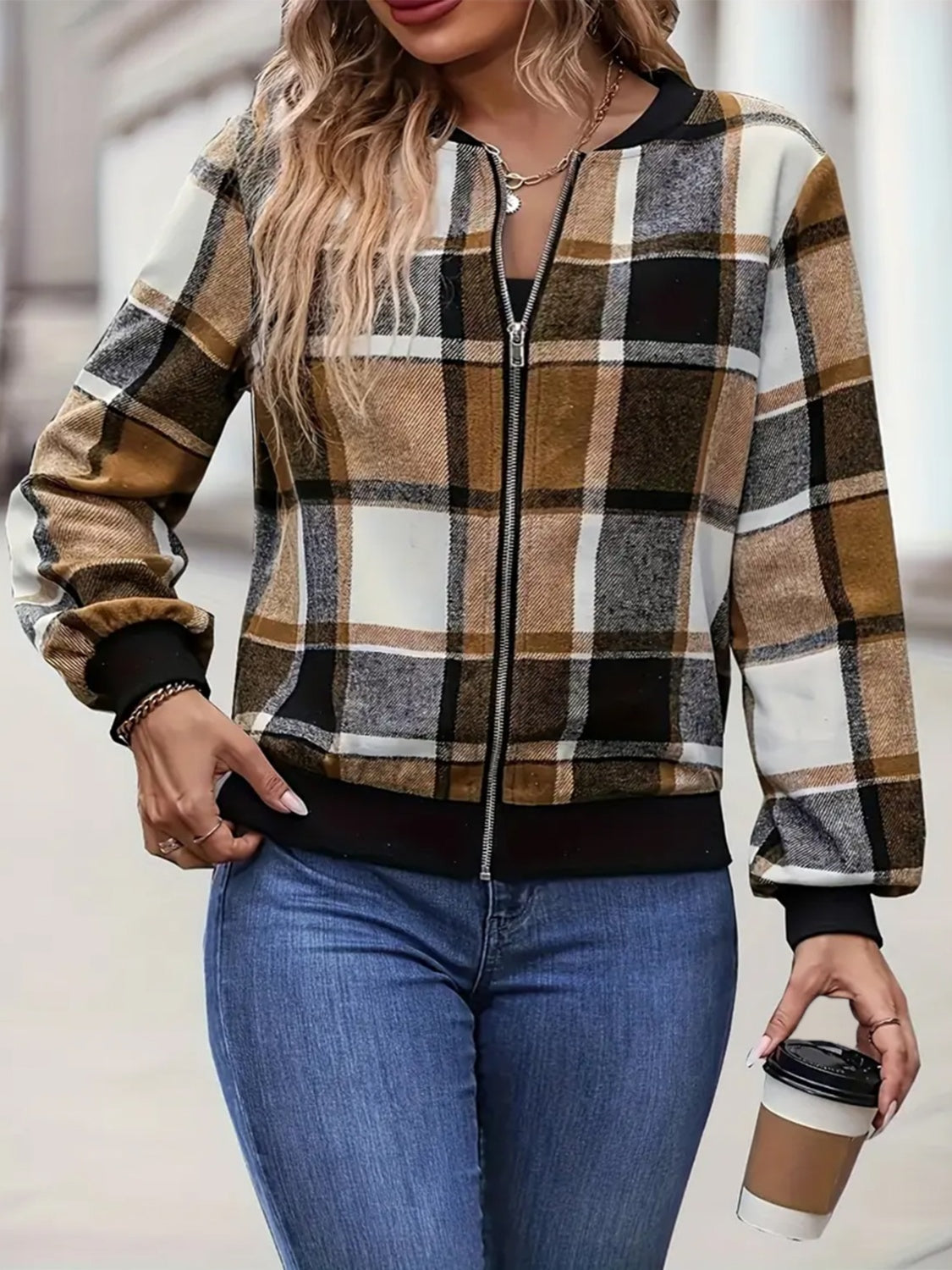 Plus Size Plaid Baseball Collar Zip Up Jacket-Angel Casuals