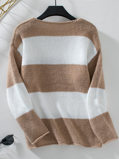 Color Block V-Neck Long Sleeve Sweater-Angel Casuals