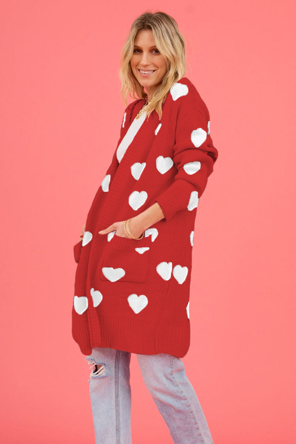 Heart Graphic Open Front Cardigan with Pockets-Angel Casuals