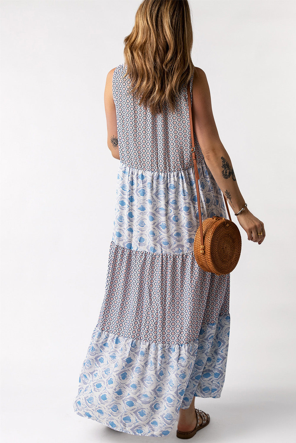 Mixed Print Tie-Neck Sleeveless Maxi Dress-Angel Casuals