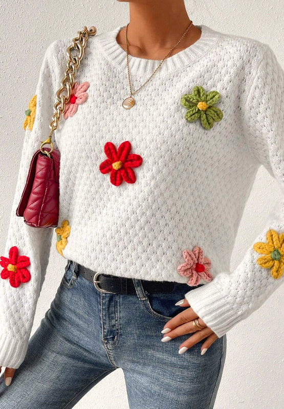 Crochet Flower Round Neck Long Sleeve Sweater-Angel Casuals