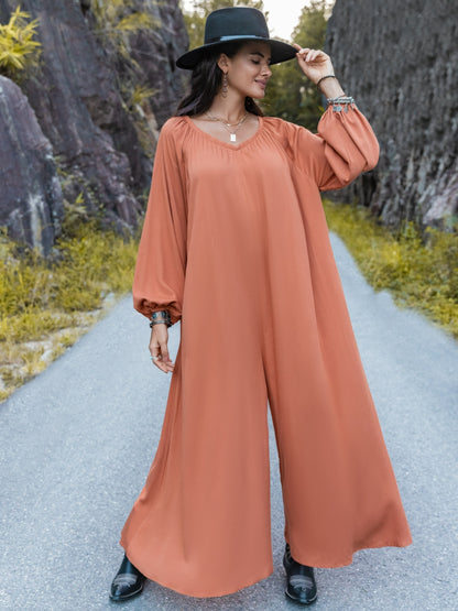 V-Neck Long Sleeve Wide Leg Jumpsuit-Angel Casuals