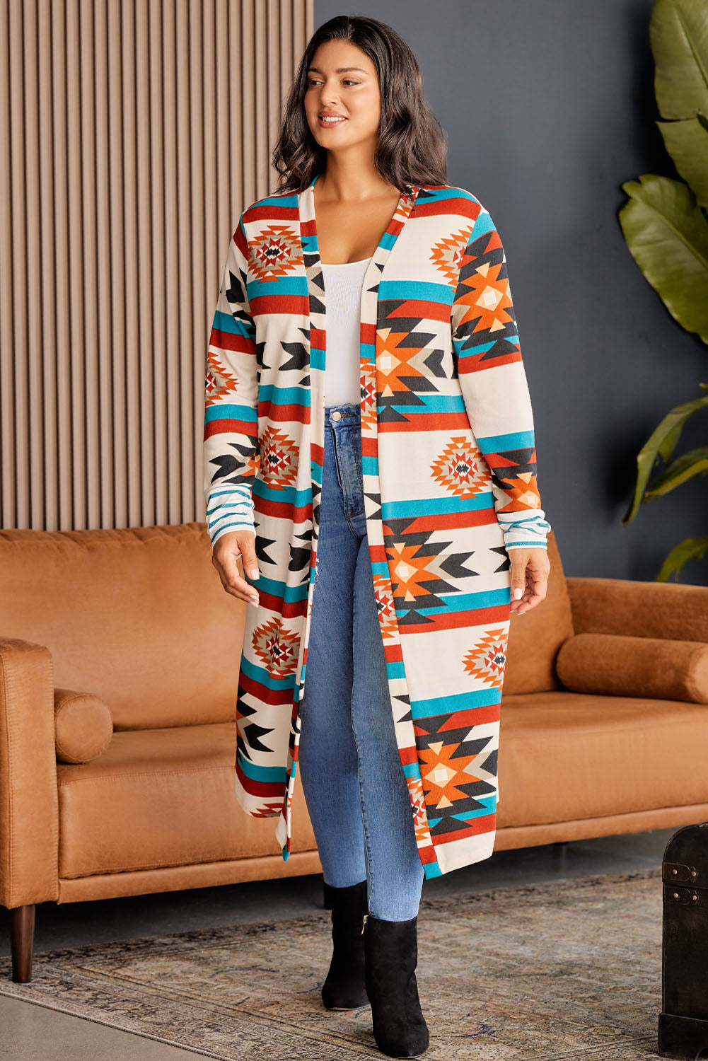 Plus Size Geometric Open Front Longline Cardigan-Angel Casuals