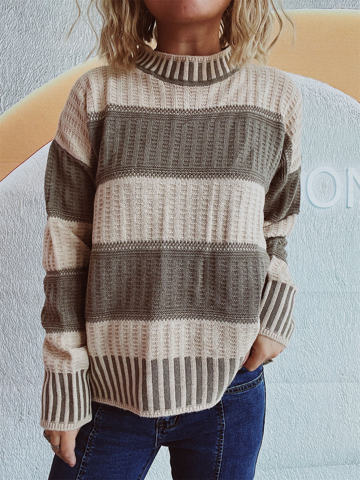 Contrast Round Neck Long Sleeve Sweater-Angel Casuals