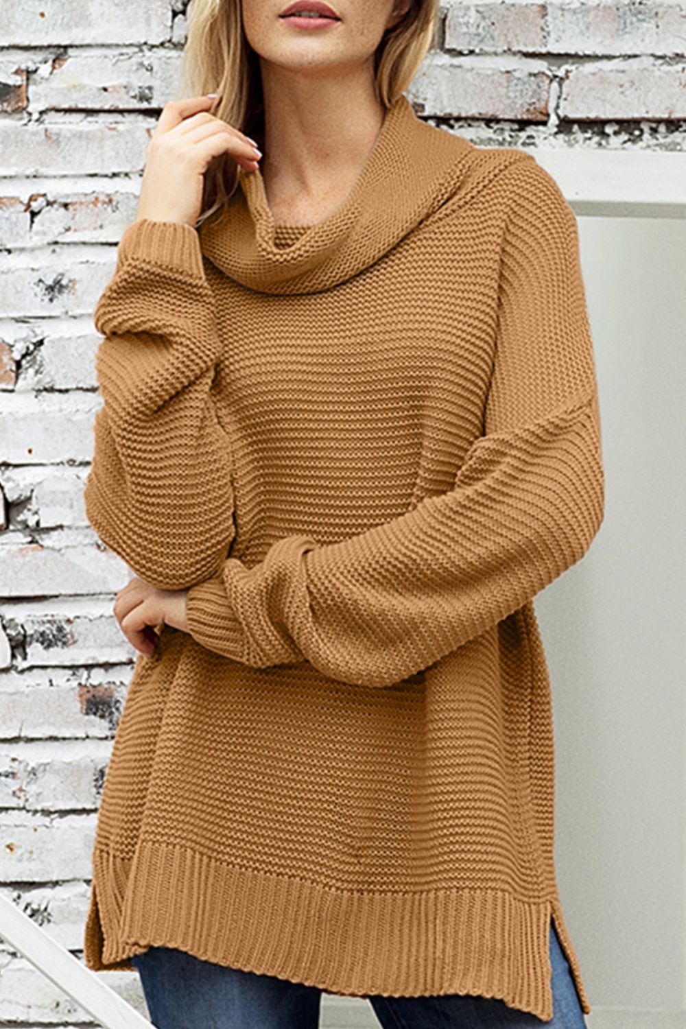 Side Slit Turtleneck Long Sleeve Sweater-Angel Casuals