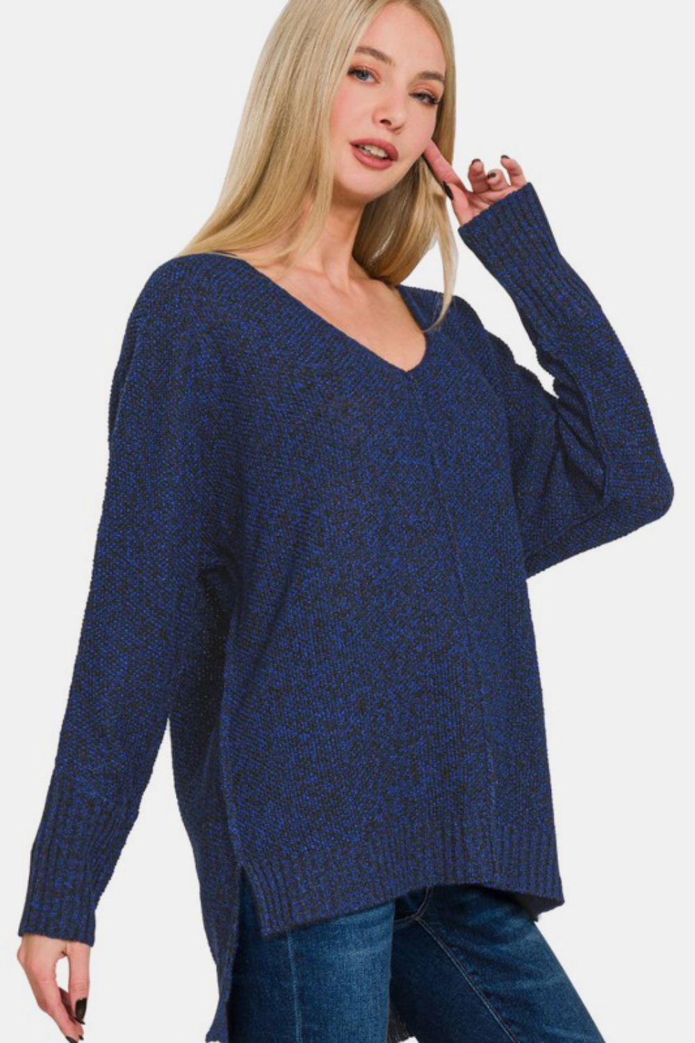 Zenana High-Low Center Seam V-Neck Sweater-Angel Casuals