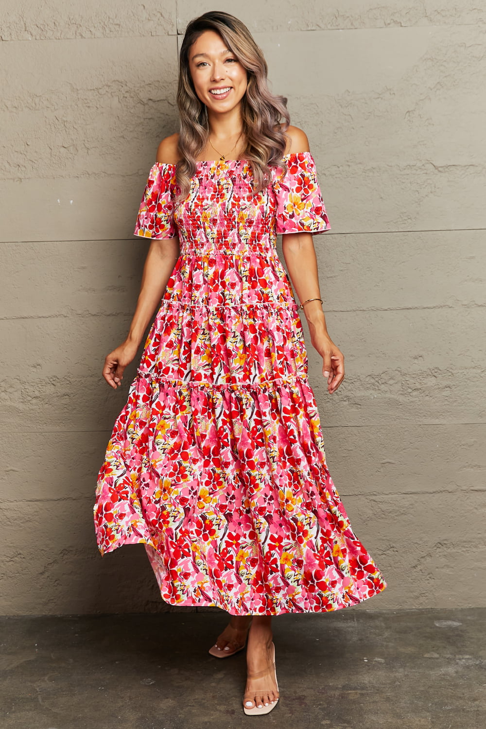 Floral Off-Shoulder Frill Trim Maxi Dress-Angel Casuals