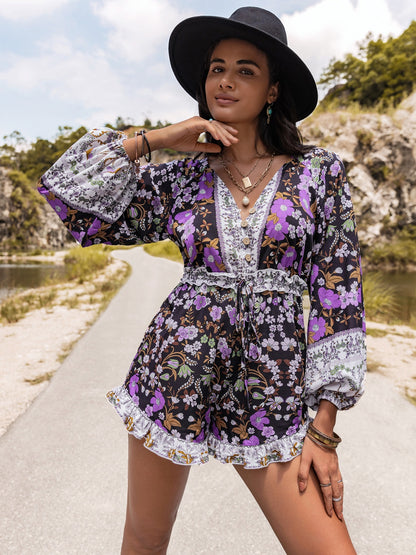 Printed Frill Half Button Balloon Sleeve Romper-Angel Casuals