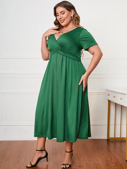 Plus Size Short Sleeve Surplice Neck Midi Dress-Angel Casuals