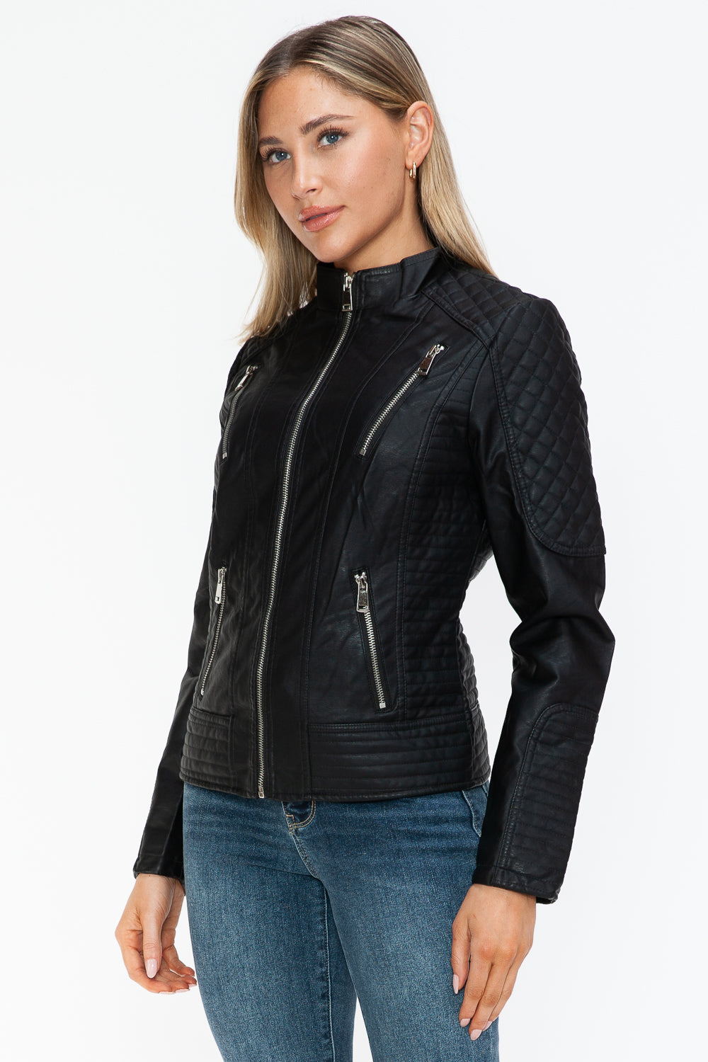 Snobbish Faux Leather Zip Up Mock Neck Jacket-Angel Casuals