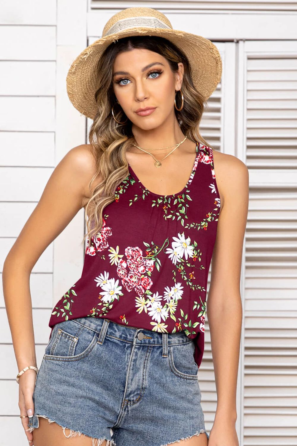 Floral Scoop Neck Tank Top-Angel Casuals