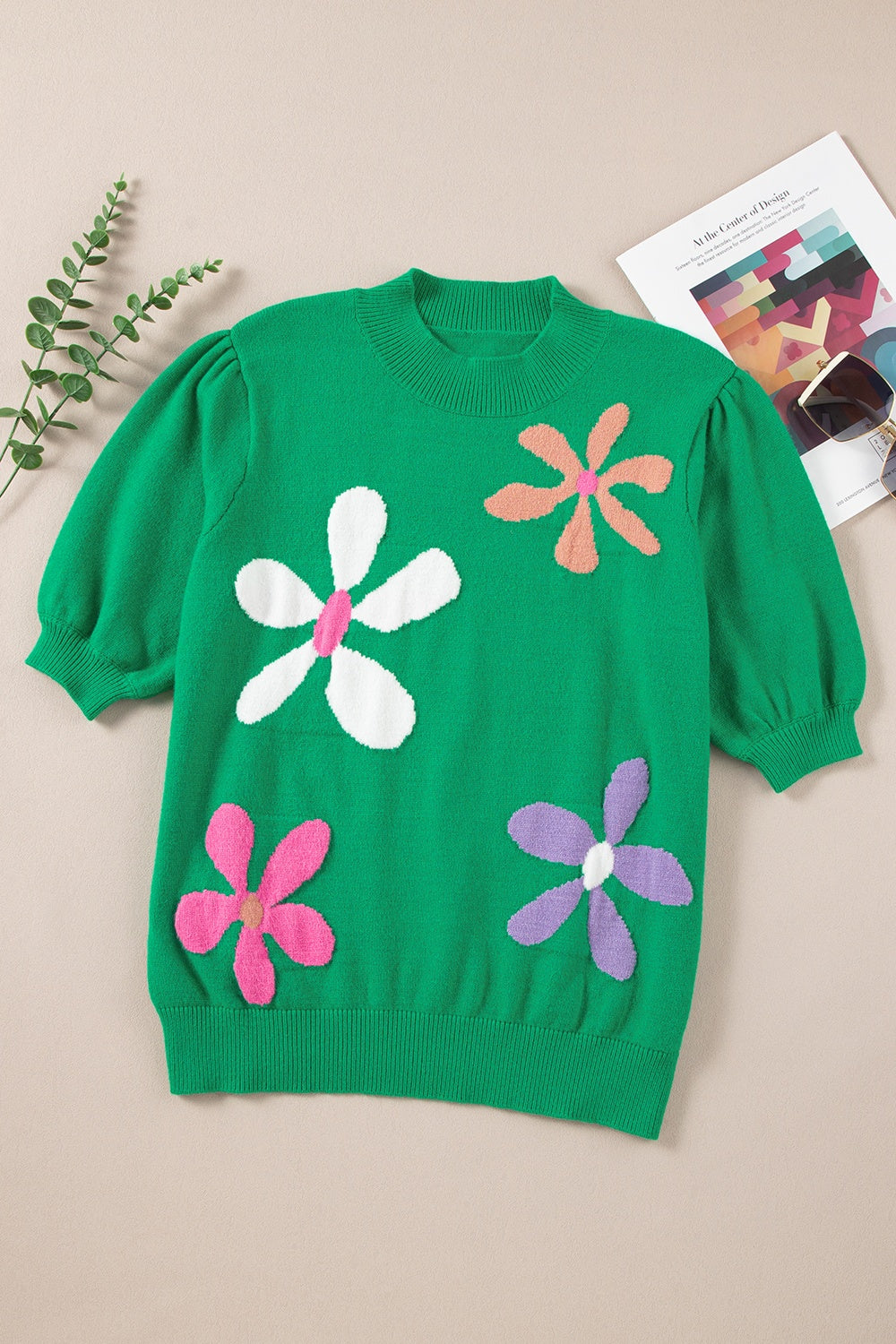 Flower Mock Neck Short Sleeve Sweater-Angel Casuals