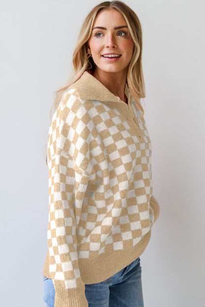 Checkered Collared Neck Long Sleeve Sweater-Angel Casuals