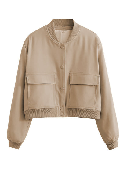 Pocketed Snap Down Baseball Collar Jacket-Angel Casuals
