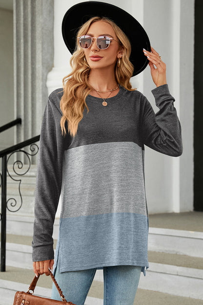 Color Block Round Neck Long Sleeve T-Shirt-Angel Casuals