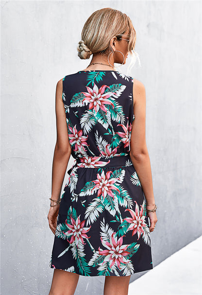 Printed Zip Detail Belted Sleeveless Dress-Angel Casuals