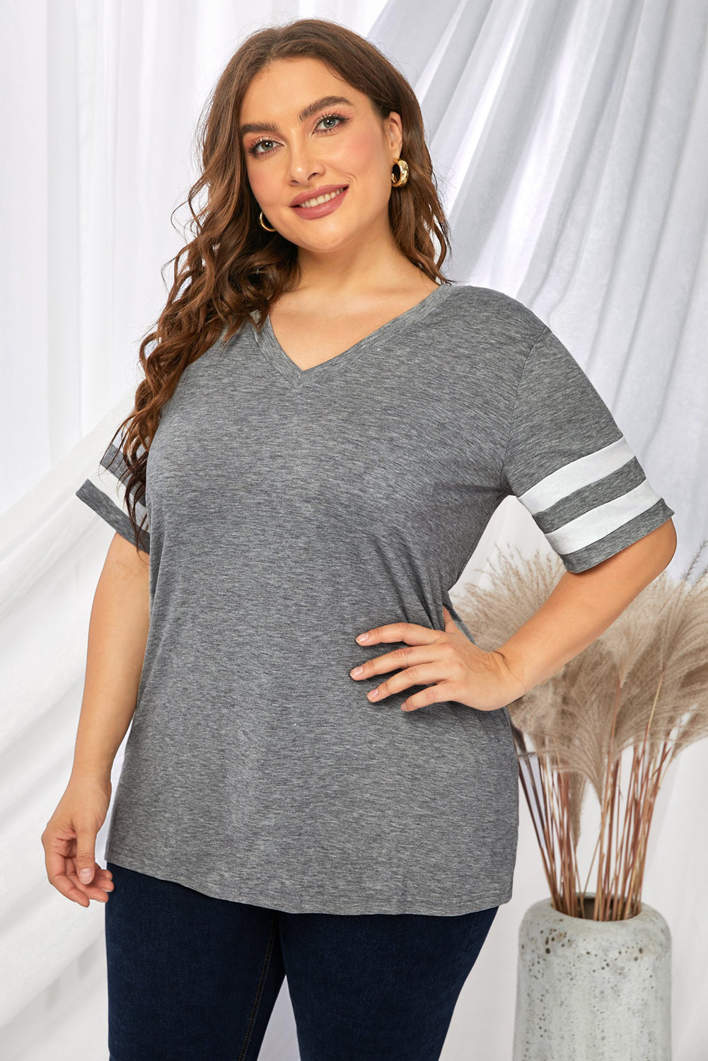 Plus Size Striped V-Neck Tee Shirt-Angel Casuals