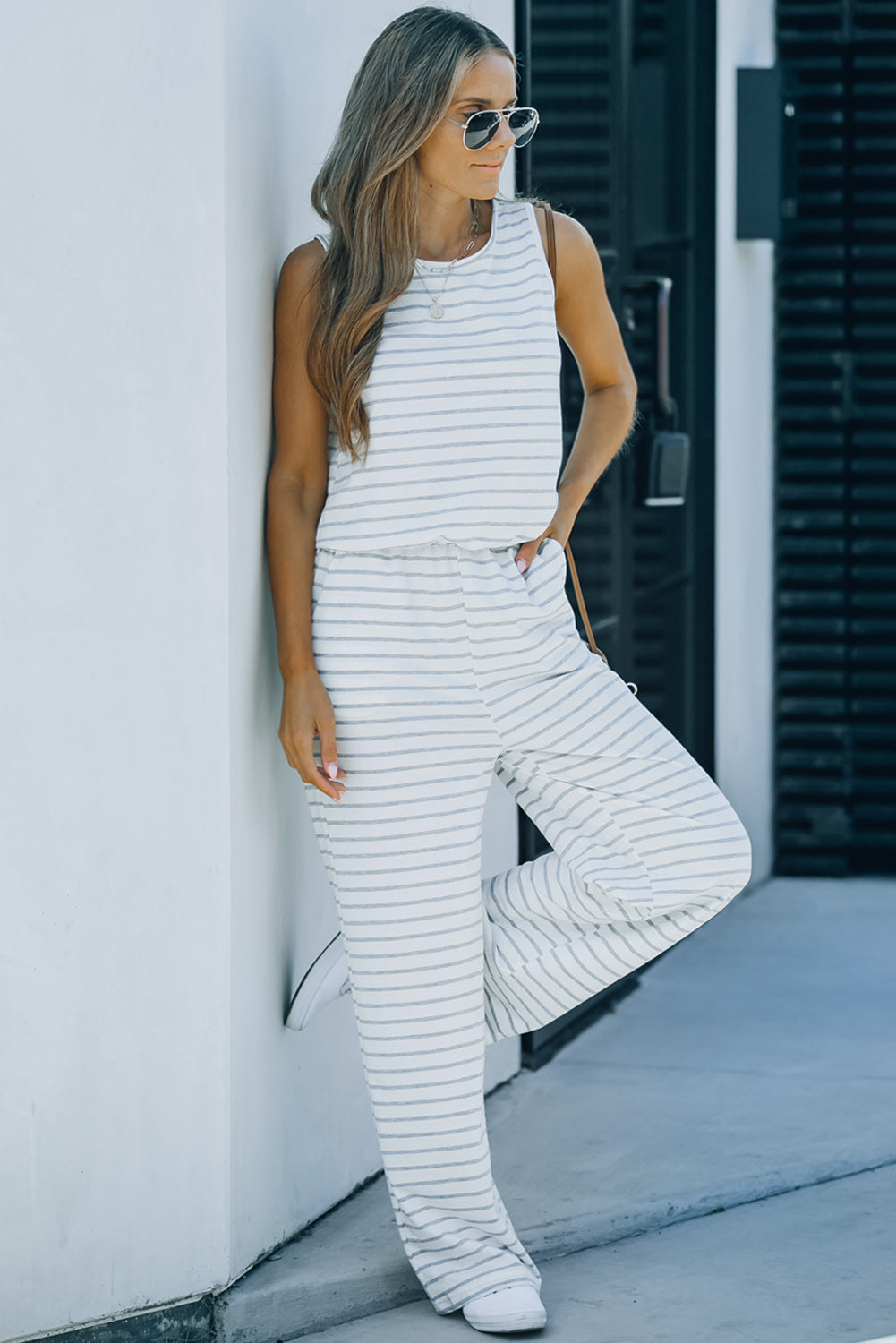 Striped Sleeveless Jumpsuit with Pockets-Angel Casuals