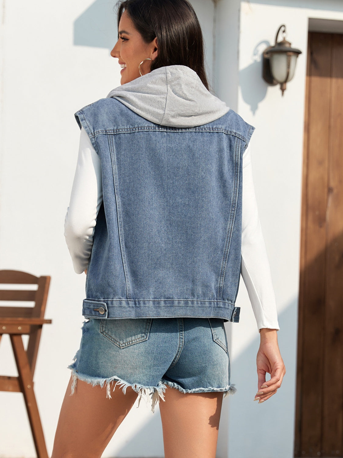 Pocketed Button Up Hooded Denim Jacket-Angel Casuals
