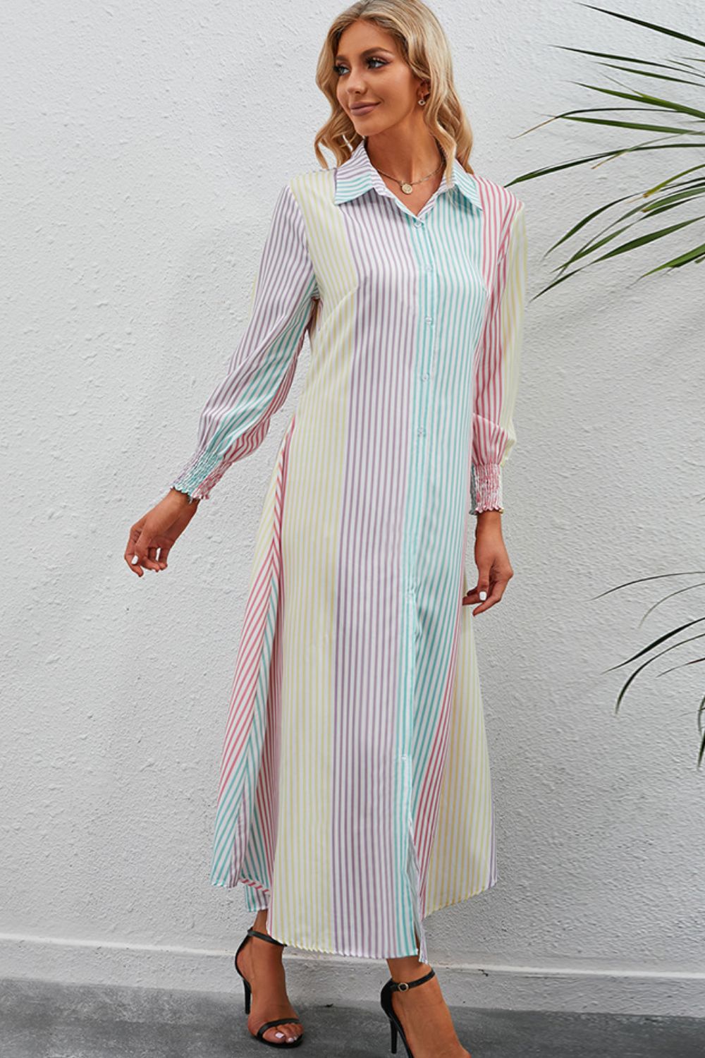 Rainbow Stripe Button-Up Maxi Shirt Dress-Angel Casuals