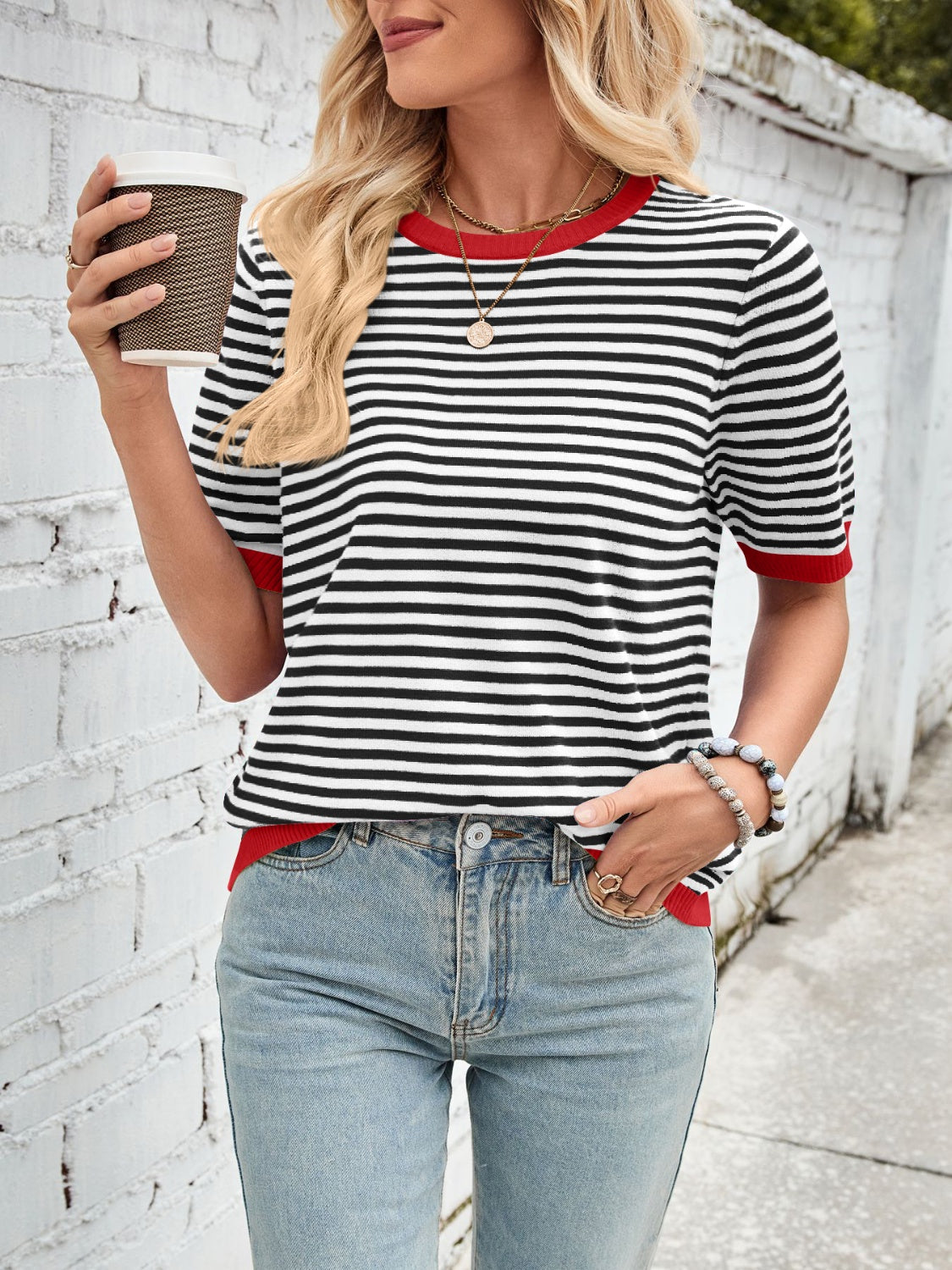 Lovelet Striped Contrast Round Neck Half Sleeve Knit Top-Angel Casuals