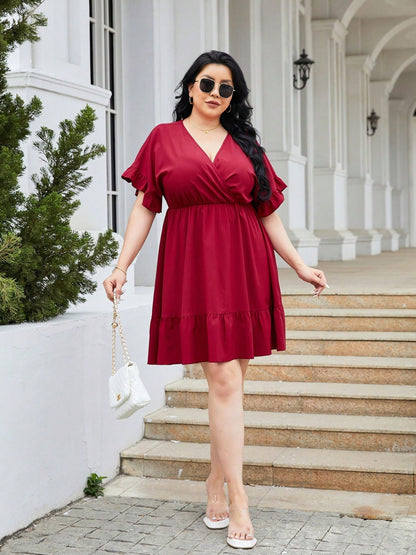 Plus Size Ruched Surplice Flounce Sleeve Mini Dress-Angel Casuals