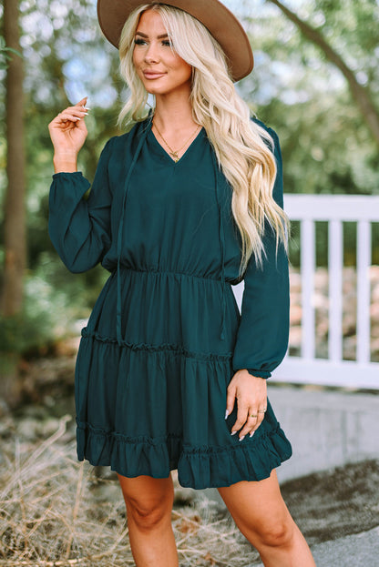 Frill Tie Neck Balloon Sleeve Dress-Angel Casuals